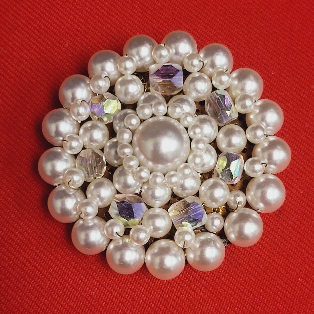 VTG Faux Pearl Aurora Borealis Cluster Brooch Round Pin Marked Japan